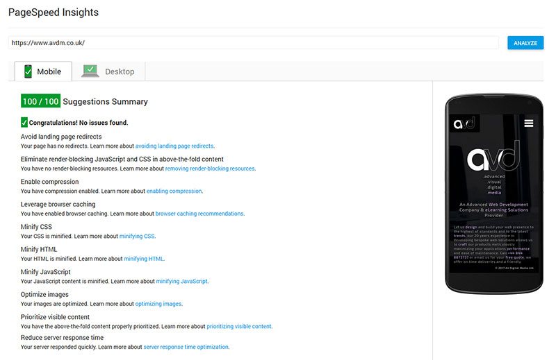 Google Insights mobile performance evaluation for avdm.co.uk website