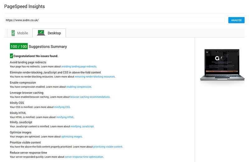 Google insights desktop performance evaluation for avdm.co.uk website